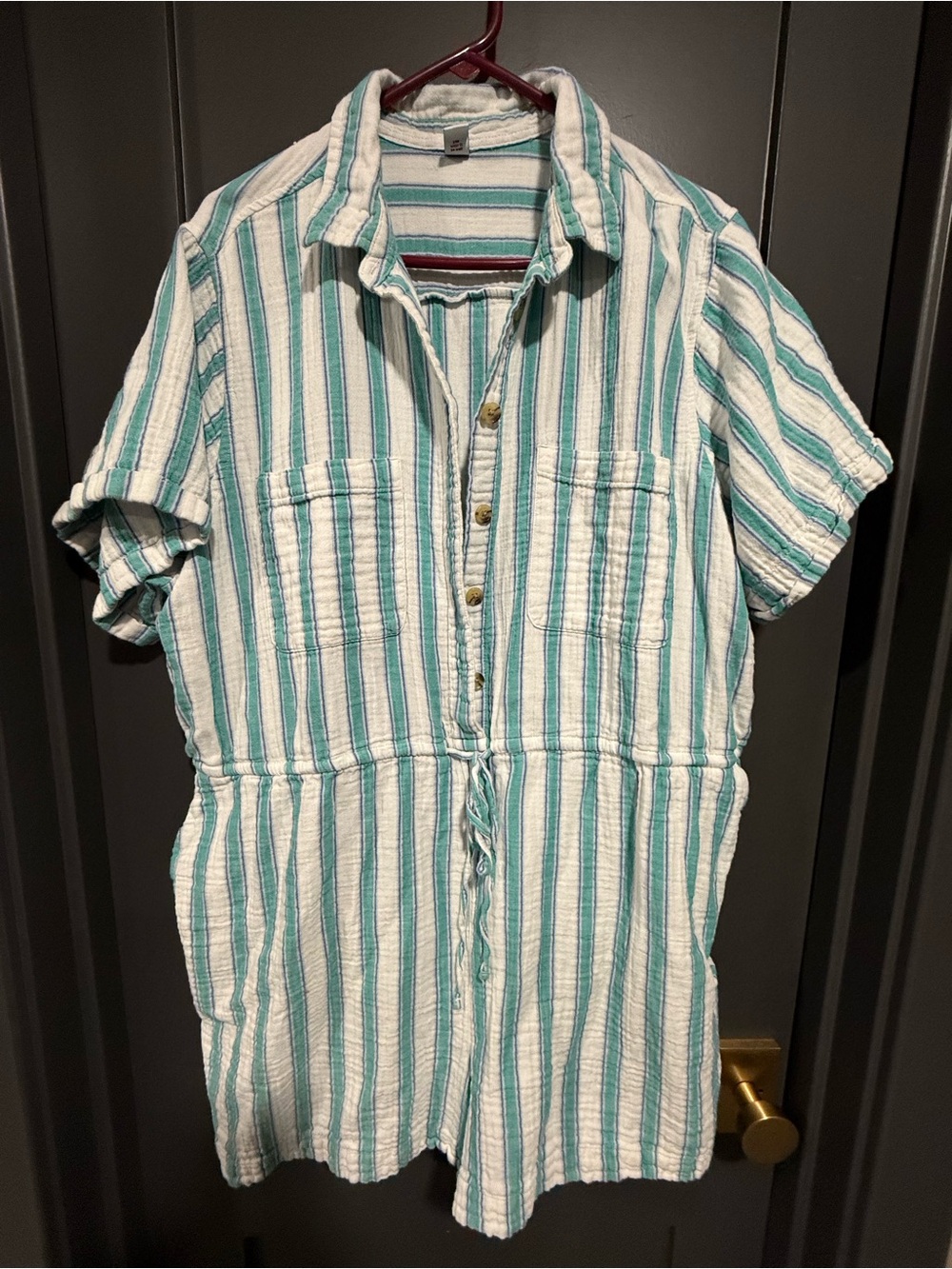 Short-Sleeve Striped Button Romper - Teal Purple & White